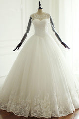 Stylish Jewel Long Sleeves Tulle Wedding Dress Pearls Lace Appliques Bridal Gown with Crystals On Sale-27dress