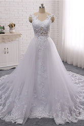 Stylish Jewel Mermaid Lace Appliques Wedding Dress White Sleeveless Beadings Bridal Gowns with Overskirt On Sale-27dress