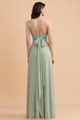 Stylish Jewel Sleeveless Dusty Sage Chiffon Bridesmaid Dress with Ruffles-27dress