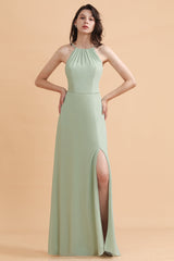 Stylish Jewel Sleeveless Dusty Sage Chiffon Bridesmaid Dress with Ruffles-27dress