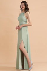 Stylish Jewel Sleeveless Dusty Sage Chiffon Bridesmaid Dress with Ruffles-27dress