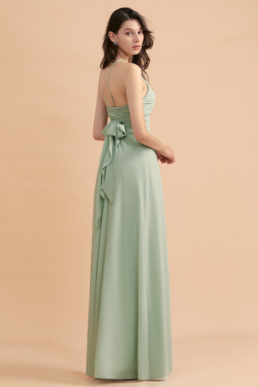 Stylish Jewel Sleeveless Dusty Sage Chiffon Bridesmaid Dress with Ruffles-27dress