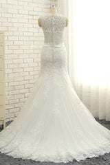 Stylish Jewel Sleeveless Mermaid Wedding Dresses White Lace Bridal Gowns With Appliques On Sale-27dress