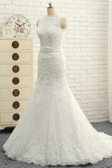 Stylish Jewel Sleeveless Mermaid Wedding Dresses White Lace Bridal Gowns With Appliques On Sale-27dress