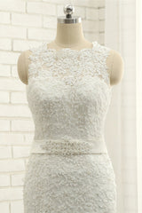 Stylish Jewel Sleeveless Mermaid Wedding Dresses White Lace Bridal Gowns With Appliques On Sale-27dress