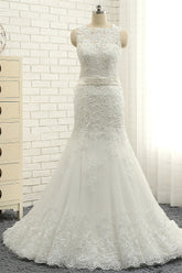 Stylish Jewel Sleeveless Mermaid Wedding Dresses White Lace Bridal Gowns With Appliques On Sale-27dress