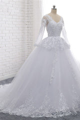 Stylish Long Sleeves Tulle Lace Wedding Dress Ball Gown V-Neck Sequins Appliques Bridal Gowns On Sale-27dress