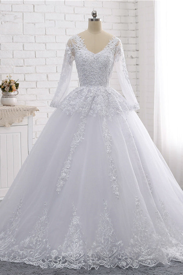 Stylish Long Sleeves Tulle Lace Wedding Dress Ball Gown V-Neck Sequins Appliques Bridal Gowns On Sale-27dress