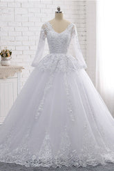 Stylish Long Sleeves Tulle Lace Wedding Dress Ball Gown V-Neck Sequins Appliques Bridal Gowns On Sale-27dress