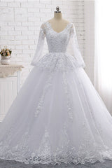 Stylish Long Sleeves Tulle Lace Wedding Dress Ball Gown V-Neck Sequins Appliques Bridal Gowns On Sale-27dress