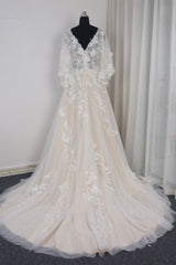 Stylish Long Sleeves V-Neck Tulle Wedding Dress A-Line Appliques Ruffles Bridal Gown Online-27dress