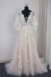 Stylish Long Sleeves V-Neck Tulle Wedding Dress A-Line Appliques Ruffles Bridal Gown Online-27dress