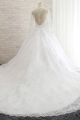 Stylish Longsleeves A line Lace Wedding Dresses Tulle Ruffles Bridal Gowns With Appliques Online-27dress