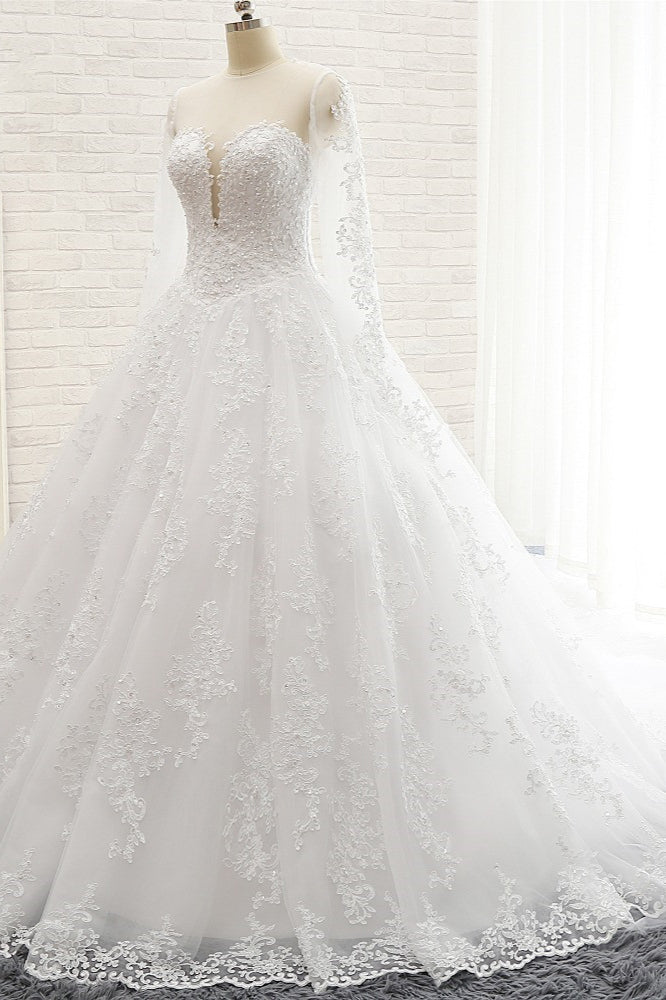 Stylish Longsleeves A line Lace Wedding Dresses Tulle Ruffles Bridal Gowns With Appliques Online-27dress