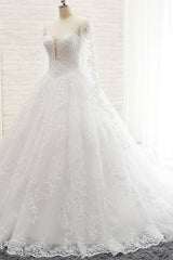 Stylish Longsleeves A line Lace Wedding Dresses Tulle Ruffles Bridal Gowns With Appliques Online-27dress