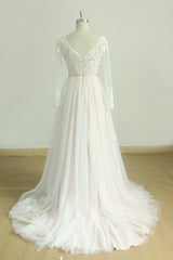 Stylish Longsleeves V-neck Tulle Wedding Dress White Appliques A-line Bridal Gowns On Sale-27dress