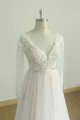 Stylish Longsleeves V-neck Tulle Wedding Dress White Appliques A-line Bridal Gowns On Sale-27dress