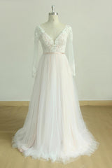 Stylish Longsleeves V-neck Tulle Wedding Dress White Appliques A-line Bridal Gowns On Sale-27dress