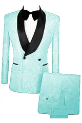 Stylish Mint Double Breasted Jacquard Wedding Suits With Velvet Lapel