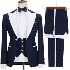 Stylish Navy Blue Peaked Lapel Slim Fit Three Pieces Men suits