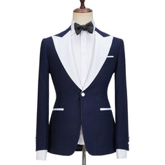 Stylish Navy Blue Peaked Lapel Slim Fit Three Pieces Men suits