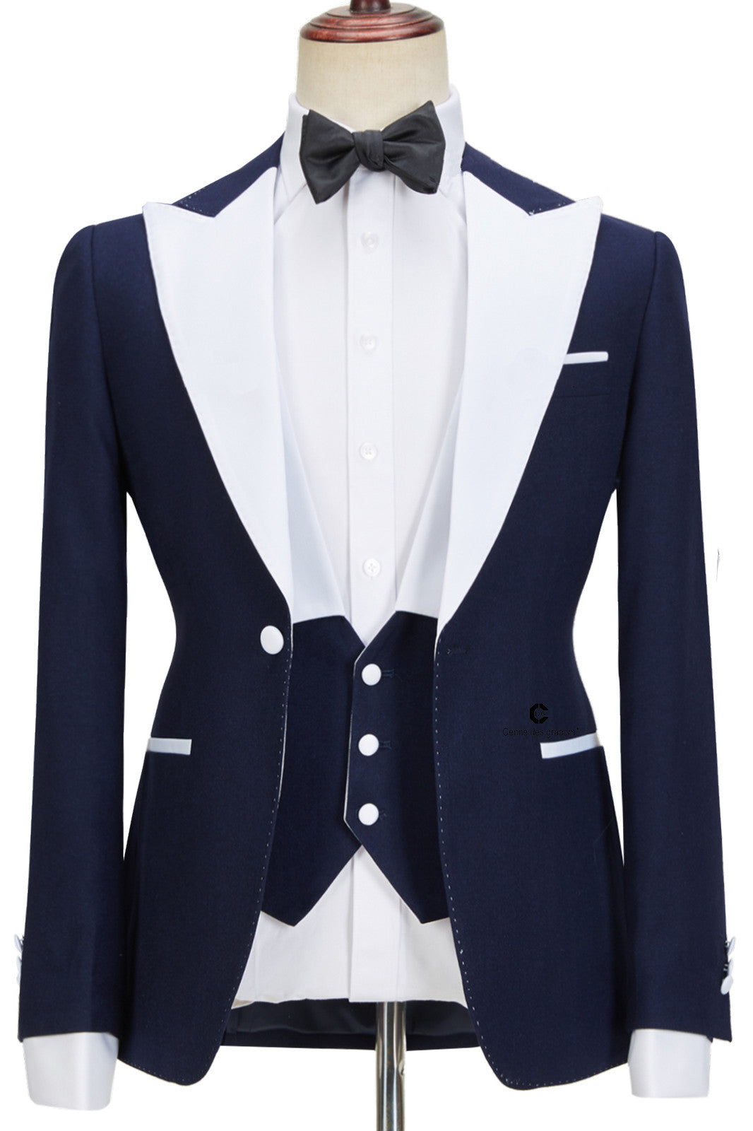 Stylish Navy Blue Peaked Lapel Slim Fit Three Pieces Men suits