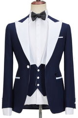 Stylish Navy Blue Peaked Lapel Slim Fit Three Pieces Men suits