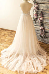 Stylish Off-the-shoulder Jewel Appliques Wedding Dresses A-line Tulle Champagne Bridal Gowns On Sale-27dress