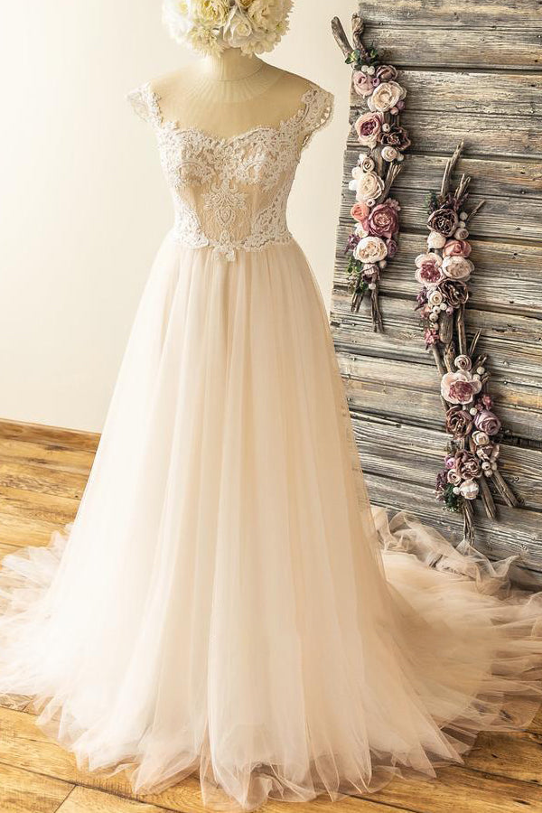 Stylish Off-the-shoulder Jewel Appliques Wedding Dresses A-line Tulle Champagne Bridal Gowns On Sale-27dress