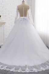 Stylish Off-the-Shoulder Long Sleeves Wedding Dress Tulle Lace Appliques Bridal Gowns with Beadings On Sale-27dress