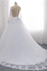 Stylish Off-the-Shoulder Long Sleeves Wedding Dress Tulle Lace Appliques Bridal Gowns with Beadings On Sale-27dress