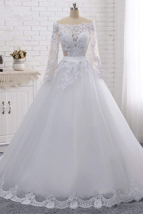 Stylish Off-the-Shoulder Long Sleeves Wedding Dress Tulle Lace Appliques Bridal Gowns with Beadings On Sale-27dress