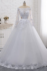 Stylish Off-the-Shoulder Long Sleeves Wedding Dress Tulle Lace Appliques Bridal Gowns with Beadings On Sale-27dress