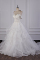 Stylish Off-the-Shoulder Tulle Lace Wedding Dress Strapless Appliques Ruffles Beading Bridal Gowns On Sale-27dress