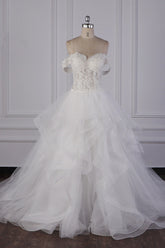 Stylish Off-the-Shoulder Tulle Lace Wedding Dress Strapless Appliques Ruffles Beading Bridal Gowns On Sale-27dress