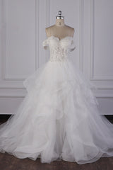 Stylish Off-the-Shoulder Tulle Lace Wedding Dress Strapless Appliques Ruffles Beading Bridal Gowns On Sale-27dress