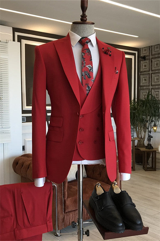 Stylish Peaked Lapel Three Pieces Red Prom Suits