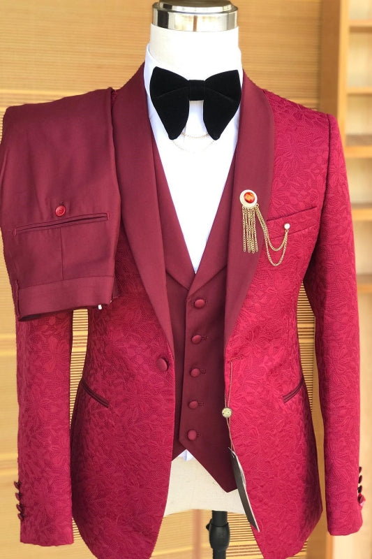 Stylish Shawl Lapel Three Pieces Jacquard Red Prom Suits