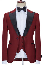 Stylish Three Pieces Best Fitted Peaked Lapel Red Prom Suits