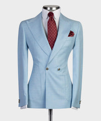 Stylish Sky Double Breasted Peaked Lapel Men Blue Business Suits