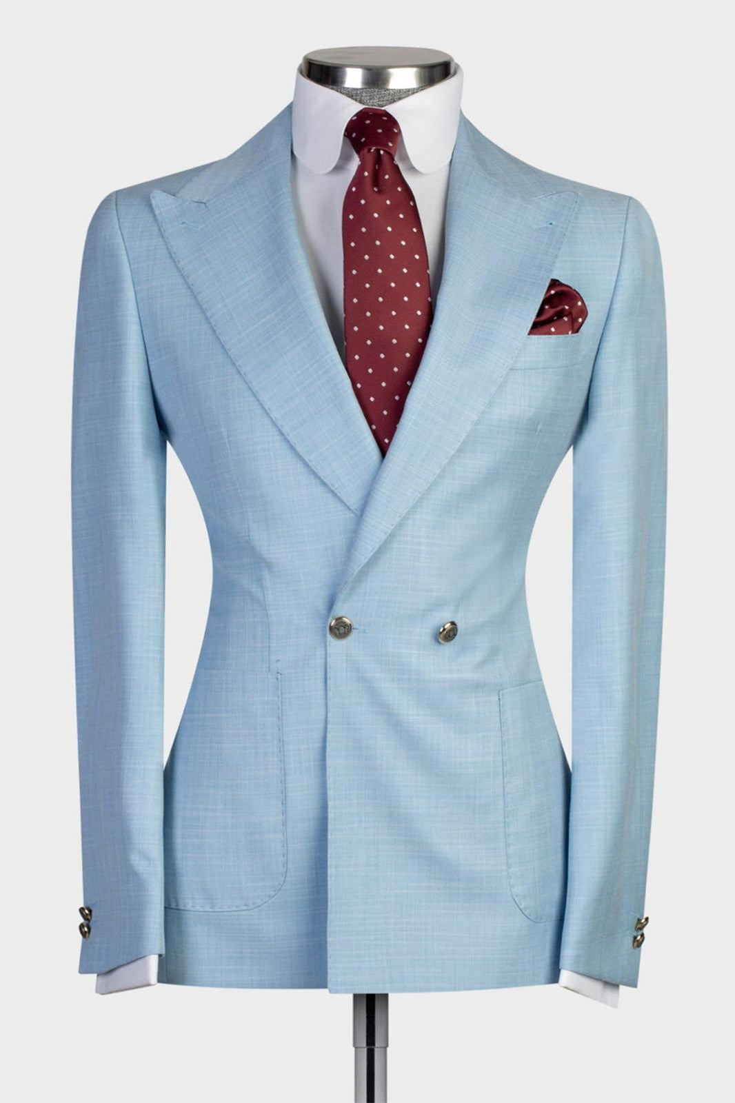 Stylish Sky Double Breasted Peaked Lapel Men Blue Business Suits