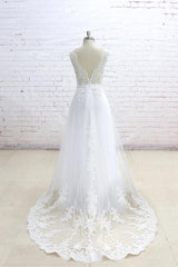 Stylish Sleeveless Straps V-neck Wedding Dresses White A-line Tulle Bridal Gowns With Appliques On Sale-27dress