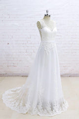 Stylish Sleeveless Straps V-neck Wedding Dresses White A-line Tulle Bridal Gowns With Appliques On Sale-27dress