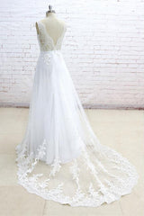 Stylish Sleeveless Straps V-neck Wedding Dresses White A-line Tulle Bridal Gowns With Appliques On Sale-27dress