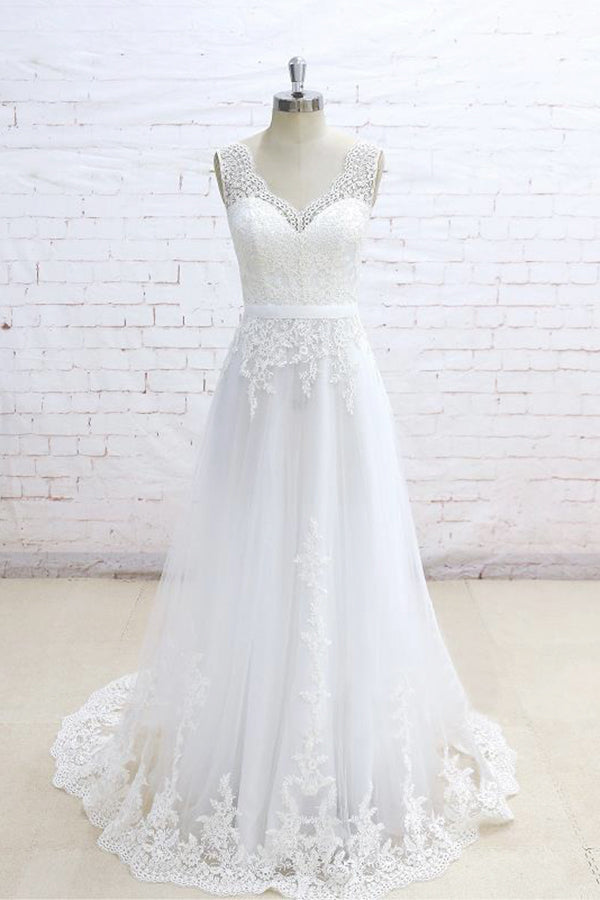 Stylish Sleeveless Straps V-neck Wedding Dresses White A-line Tulle Bridal Gowns With Appliques On Sale-27dress