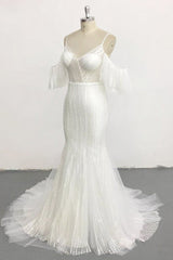 Stylish Sleeveless V-Neck Ivory Wedding Dresses Spaghetti Straps Pearls Bridal Gowns On Sale-27dress
