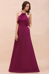 Stylish Spaghetti Straps Mulberry Chiffon Bridesmaid Dress with Ruffles-27dress
