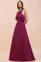 Stylish Spaghetti Straps Mulberry Chiffon Bridesmaid Dress with Ruffles-27dress
