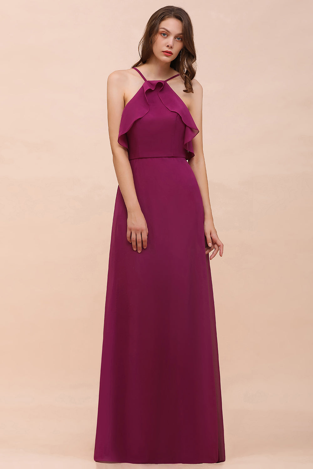 Stylish Spaghetti Straps Mulberry Chiffon Bridesmaid Dress with Ruffles-27dress