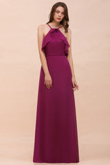 Stylish Spaghetti Straps Mulberry Chiffon Bridesmaid Dress with Ruffles-27dress